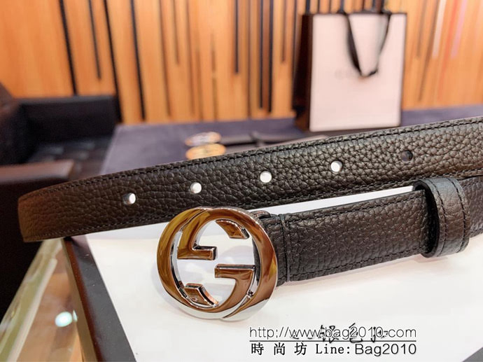 GUCCI古馳 官網爆款 正品規格 原單品質 togo荔枝紋牛皮 雙G亮面銀色扣 男士皮帶  xfp1080